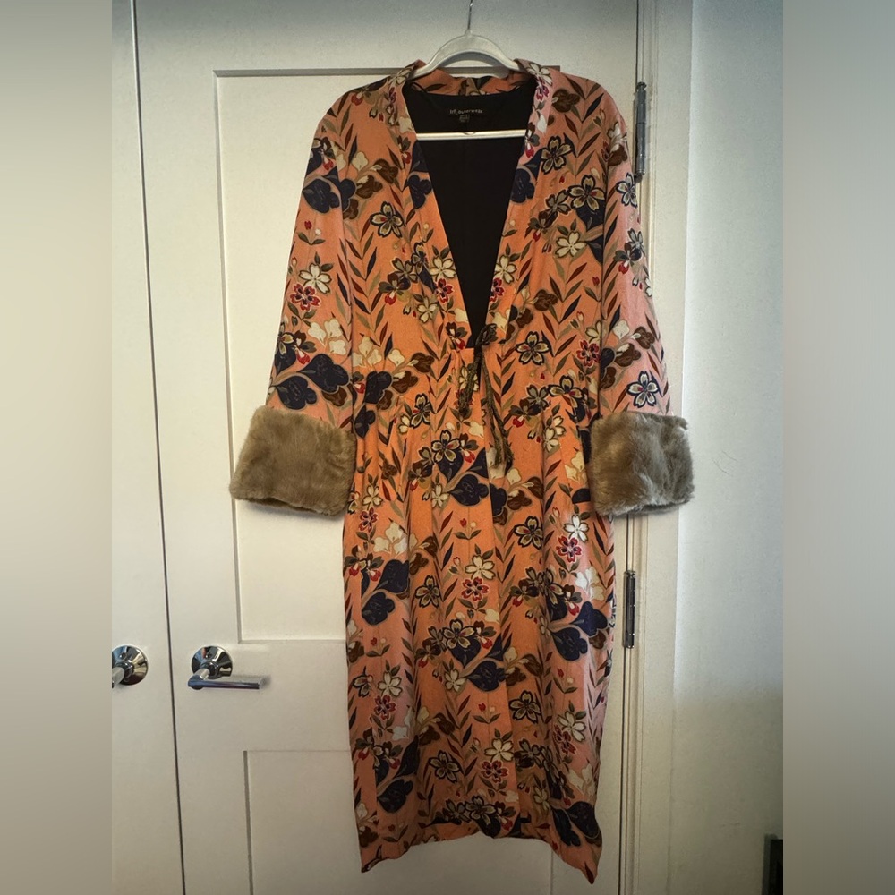 Zara Floral Pink Coat with Faux Fur Cuffs